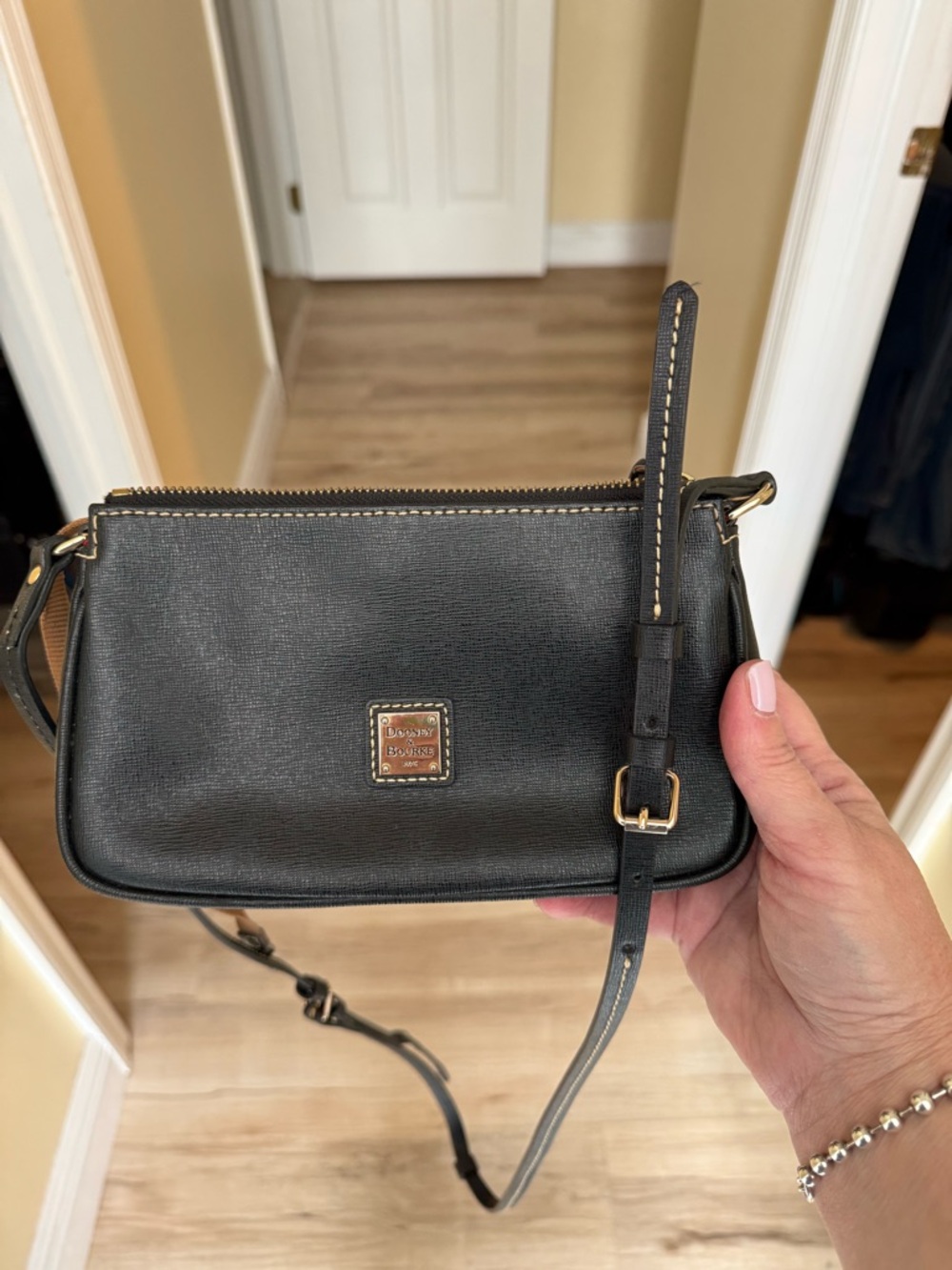 Dooney & Bourke Black Leather Crossbody Wristlet with Gold Hardware